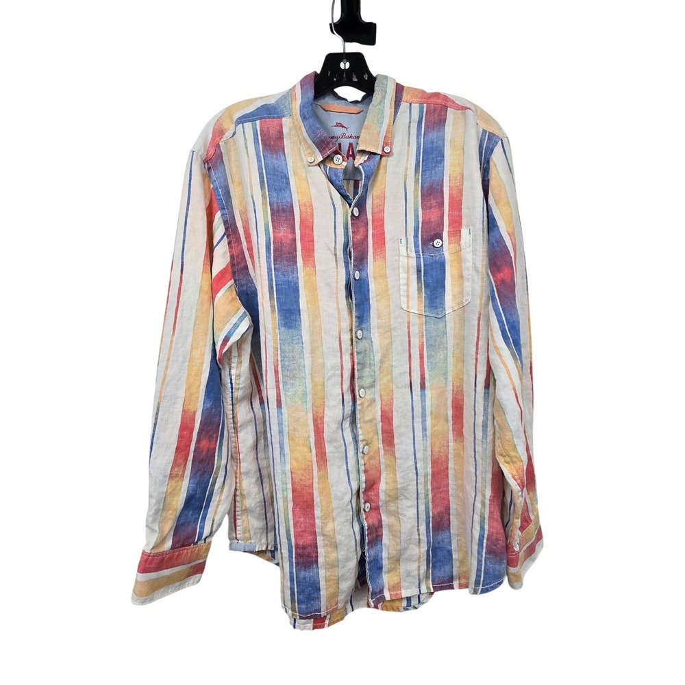 Tommy Bahama 100% Linen Stripe Shirt Mens‎ L Relax Beach Summer Business Casual